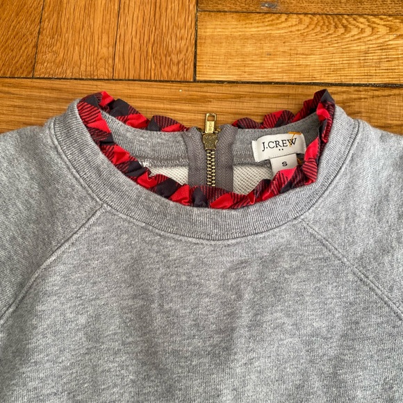 J. Crew Gray Sweatshirt Red & Black Square pattern Ruffleneck - Small - Picture 3 of 8